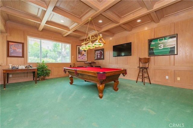 2809 Oak Knoll Dr, Diamond Bar, CA 91765 - rec room with a wooden ceiling with exposed beams, coffered ceiling, pool table, ornamental molding, and carpet