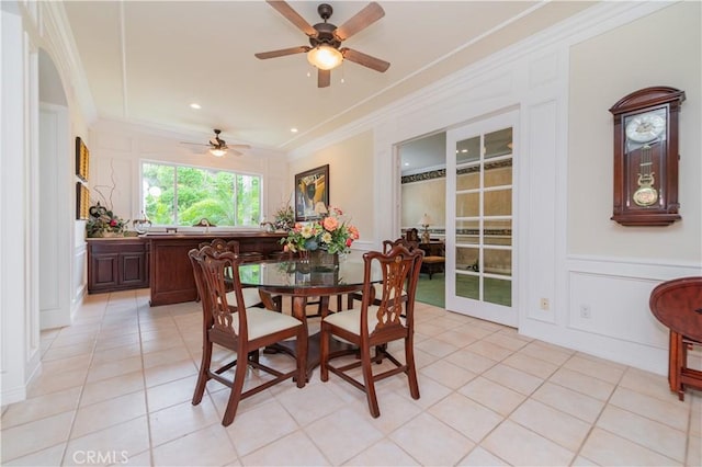 2809 Oak Knoll Dr, Diamond Bar, CA 91765 - dining area featuring a decorative wall, a ceiling fan, crown molding, and light tile patterned floors
