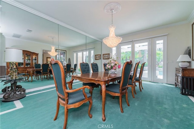 2809 Oak Knoll Dr, Diamond Bar, CA 91765 - carpeted dining space featuring a chandelier and ornamental molding