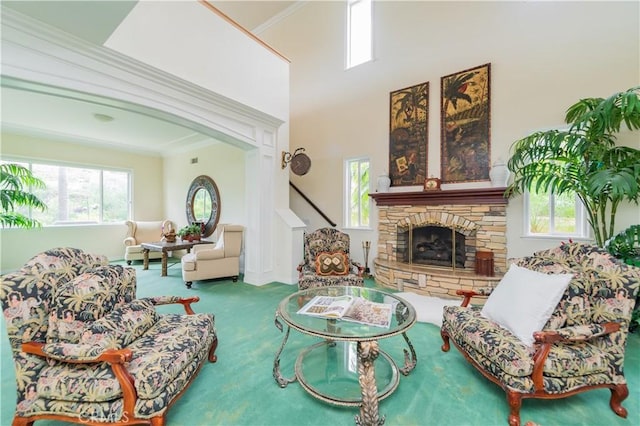 2809 Oak Knoll Dr, Diamond Bar, CA 91765 - carpeted living room featuring a stone fireplace and ornamental molding