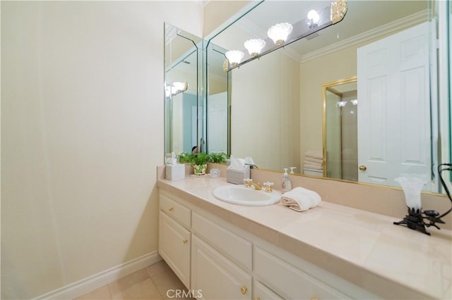 2809 Oak Knoll Dr, Diamond Bar, CA 91765 - bathroom with vanity, tile patterned flooring, a shower with door, and ornamental molding