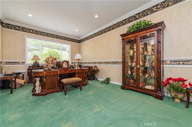 2809 Oak Knoll Dr, Diamond Bar, CA 91765 - office featuring crown molding, carpet flooring, wallpapered walls, and recessed lighting