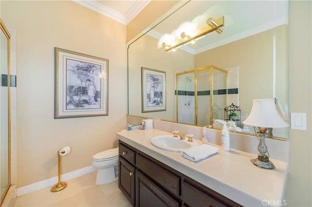 2809 Oak Knoll Dr, Diamond Bar, CA 91765 - full bathroom with ornamental molding, vanity, a shower stall, and tile patterned flooring