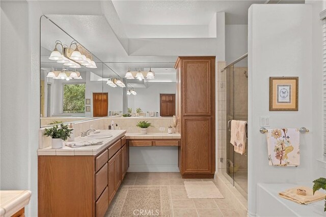 12703 Paso Verde Ct, Atascadero, CA 93422 - full bathroom with a stall shower, vanity, a chandelier, and tile patterned floors