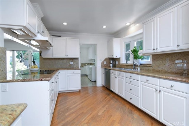 4161 Dixie Canyon Ave, Sherman Oaks, CA 91423 - kitchen with washer and clothes dryer, stainless steel dishwasher, light wood-type flooring, white cabinetry, and crown molding
