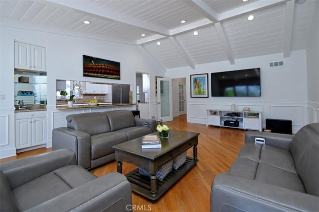 4161 Dixie Canyon Ave, Sherman Oaks, CA 91423 - living room featuring light wood-style flooring, recessed lighting, wainscoting, wooden ceiling, and a decorative wall