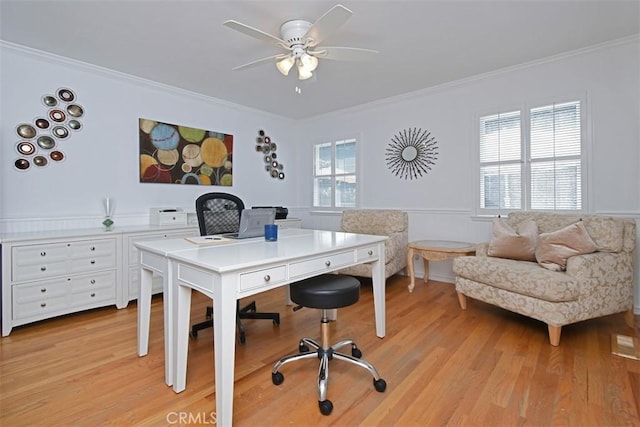 4161 Dixie Canyon Ave, Sherman Oaks, CA 91423 - office with ceiling fan, ornamental molding, light wood finished floors, and wainscoting