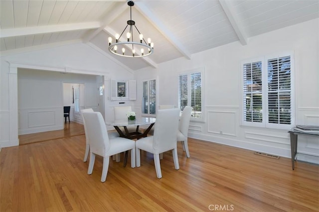4161 Dixie Canyon Ave, Sherman Oaks, CA 91423 - dining room featuring light wood finished floors, a chandelier, a decorative wall, wainscoting, and wood ceiling