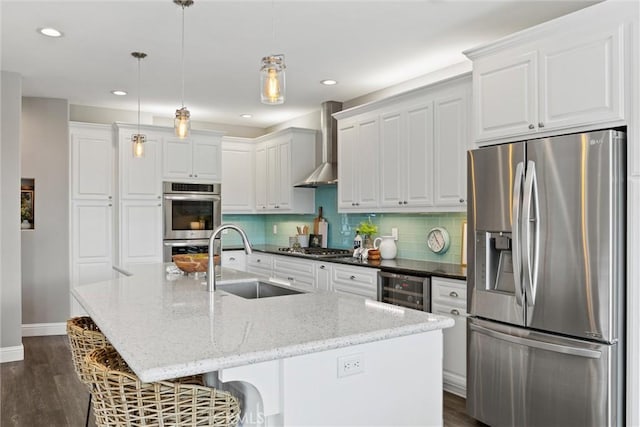 5 Catalina Point Rd, Chico, CA 95928 - kitchen with appliances with stainless steel finishes, wall chimney exhaust hood, dark wood-style flooring, wine cooler, and decorative backsplash