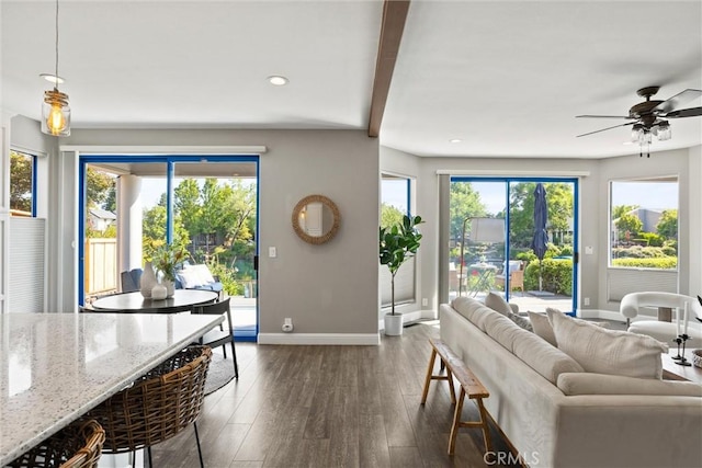 5 Catalina Point Rd, Chico, CA 95928 - living room featuring dark wood-style flooring, plenty of natural light, ceiling fan, recessed lighting, and beam ceiling