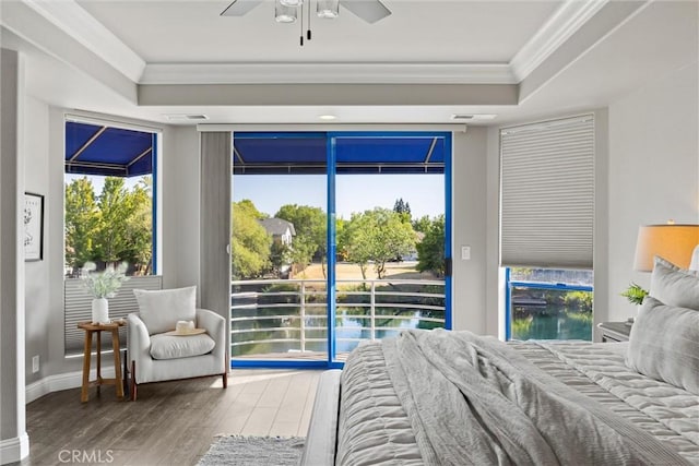 5 Catalina Point Rd, Chico, CA 95928 - bedroom with access to outside, ornamental molding, a raised ceiling, wood finished floors, and a ceiling fan