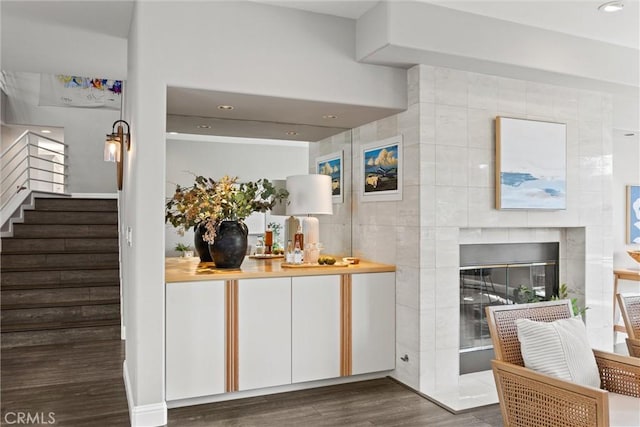 5 Catalina Point Rd, Chico, CA 95928 - bar with wood finished floors, stairway, recessed lighting, and a tiled fireplace