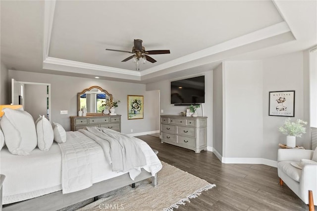 5 Catalina Point Rd, Chico, CA 95928 - bedroom featuring a tray ceiling, wood finished floors, a ceiling fan, and ornamental molding