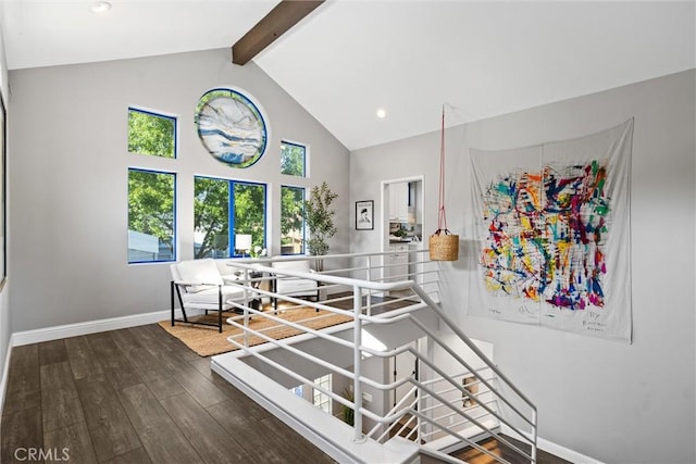 5 Catalina Point Rd, Chico, CA 95928 - stairs with wood finished floors, beamed ceiling, high vaulted ceiling, and recessed lighting