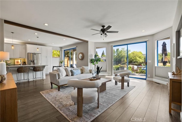 5 Catalina Point Rd, Chico, CA 95928 - living room featuring ceiling fan, dark wood finished floors, and recessed lighting