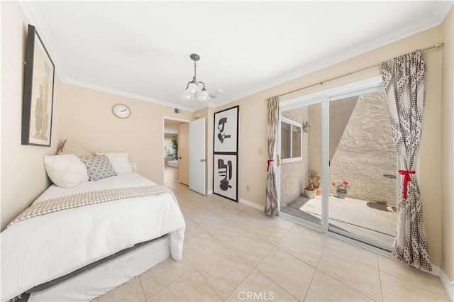 54 Kazan St Unit 27, Irvine, CA 92604 - bedroom with crown molding, a chandelier, light tile patterned flooring, and access to outside