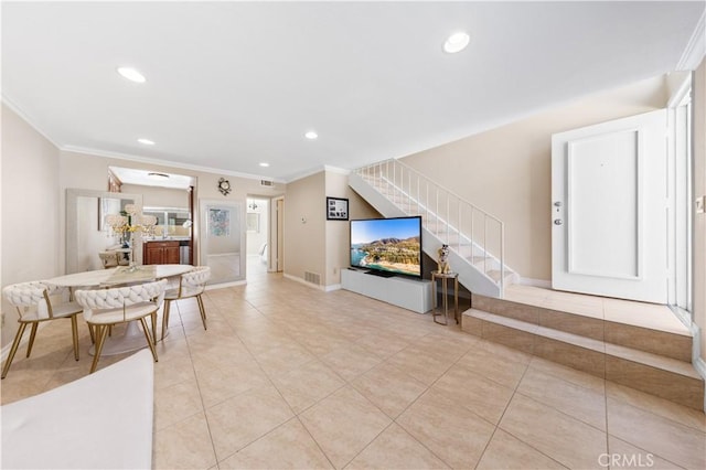 54 Kazan St Unit 27, Irvine, CA 92604 - living area with stairway, crown molding, recessed lighting, and light tile patterned floors