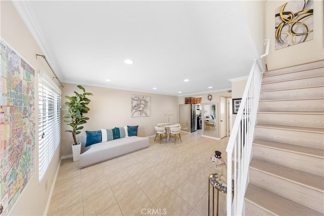 54 Kazan St Unit 27, Irvine, CA 92604 - living room with stairs, crown molding, and recessed lighting
