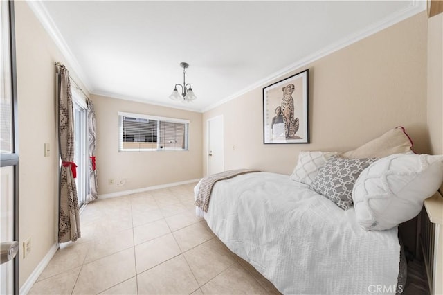 54 Kazan St Unit 27, Irvine, CA 92604 - bedroom with ornamental molding, a chandelier, and light tile patterned floors