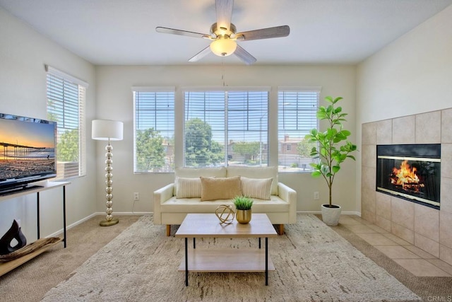 33657 Emerson Way Unit C, Temecula, CA 92592 - living room with ceiling fan, a fireplace, and carpet floors