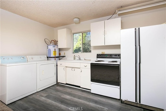 46404 Kings Canyon Rd, Lancaster, CA 93536 - kitchen featuring white appliances, washing machine and dryer, water heater, a textured ceiling, and white cabinetry