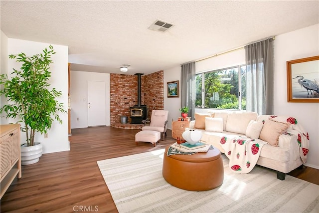 46404 Kings Canyon Rd, Lancaster, CA 93536 - living room with a wood stove, wood finished floors, and a textured ceiling