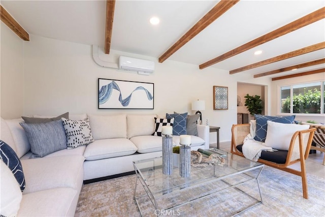 2054 Pattiz Ave, Long Beach, CA 90815 - living area with an AC wall unit, beamed ceiling, and recessed lighting