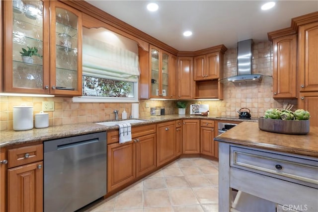 2054 Pattiz Ave, Long Beach, CA 90815 - kitchen with dishwasher, wall chimney range hood, brown cabinets, decorative backsplash, and recessed lighting