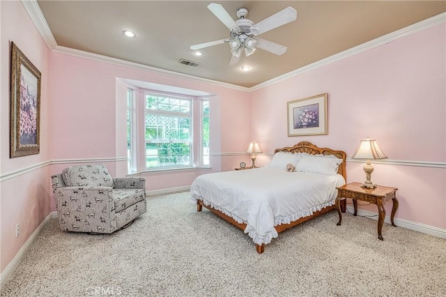 2457 Remington Ct, Merced, CA 95340 - bedroom featuring ornamental molding, a ceiling fan, recessed lighting, and carpet floors