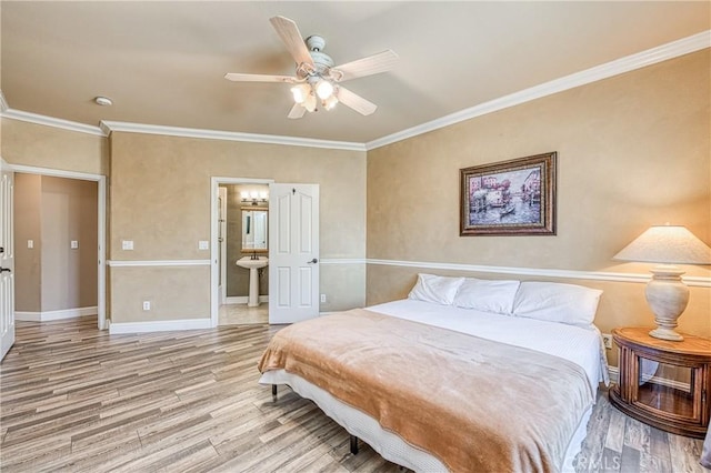 2457 Remington Ct, Merced, CA 95340 - bedroom with light wood-style floors, ornamental molding, ensuite bath, and a ceiling fan
