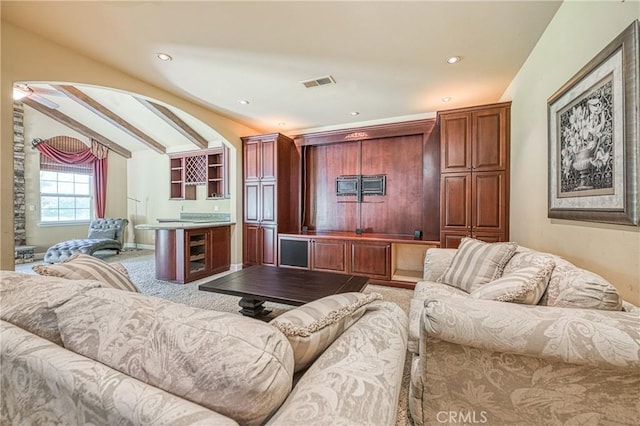 2457 Remington Ct, Merced, CA 95340 - living area with carpet floors, lofted ceiling, and recessed lighting