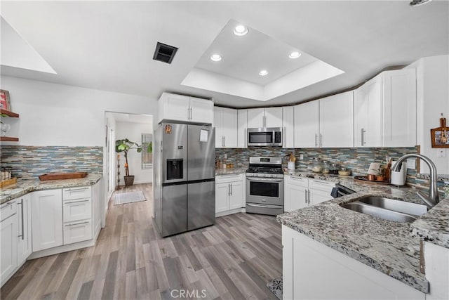 2981 Pembroke Cir, Corona, CA 92879 - kitchen with stainless steel appliances, a tray ceiling, recessed lighting, light wood-style floors, and tasteful backsplash