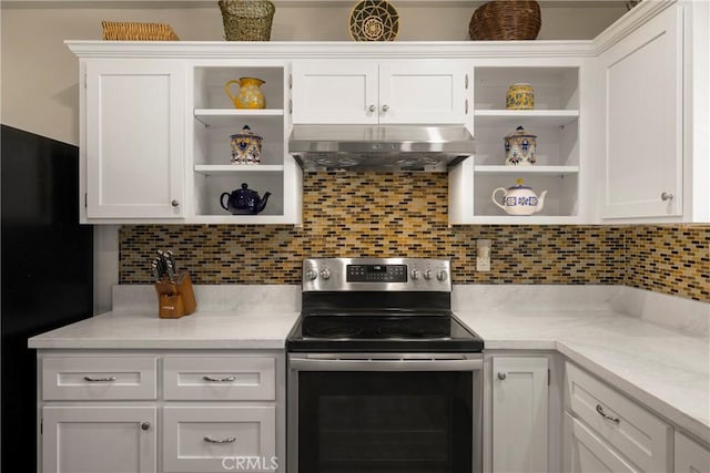 401 W 6th Ave, Chico, CA 95926 - kitchen with open shelves, stainless steel electric stove, range hood, white cabinetry, and decorative backsplash