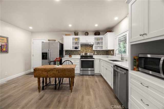 401 W 6th Ave, Chico, CA 95926 - kitchen featuring stainless steel appliances, open shelves, light wood finished floors, white cabinetry, and recessed lighting
