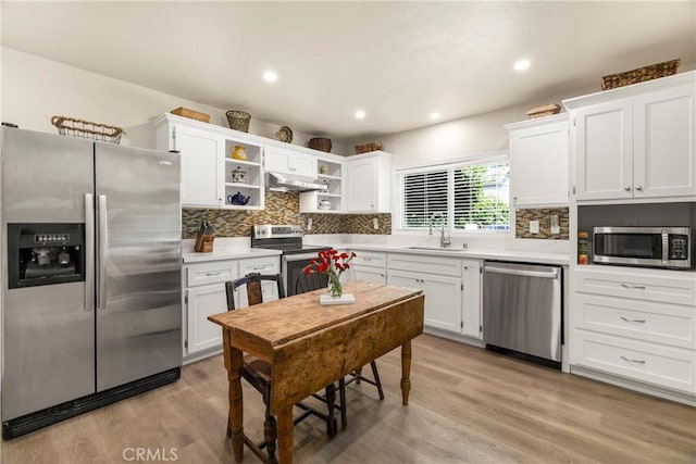 401 W 6th Ave, Chico, CA 95926 - kitchen with appliances with stainless steel finishes, open shelves, under cabinet range hood, white cabinetry, and recessed lighting