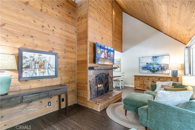 248 Hemlock Dr, Lake Arrowhead, CA 92352 - living room with a brick fireplace, high vaulted ceiling, wood ceiling, wood walls, and dark wood finished floors
