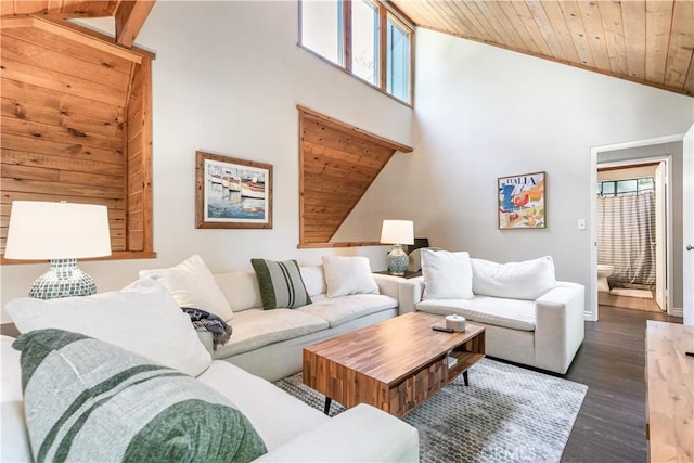 248 Hemlock Dr, Lake Arrowhead, CA 92352 - living room with wood ceiling, dark wood finished floors, and high vaulted ceiling