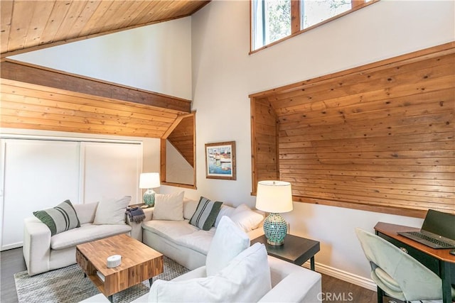 248 Hemlock Dr, Lake Arrowhead, CA 92352 - living room with high vaulted ceiling, wood ceiling, and wood finished floors