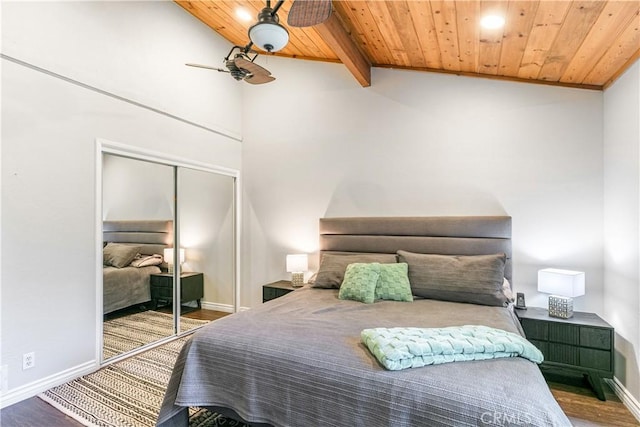 248 Hemlock Dr, Lake Arrowhead, CA 92352 - bedroom with wood ceiling, wood finished floors, a closet, and a ceiling fan