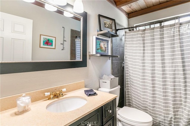 248 Hemlock Dr, Lake Arrowhead, CA 92352 - bathroom with vanity, wood ceiling, and a shower with shower curtain