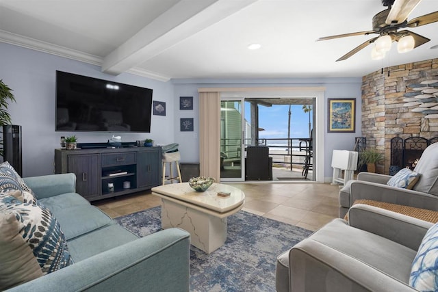 804 N The Strand Unit 11, Oceanside, CA 92054 - living area featuring ceiling fan, beamed ceiling, light tile patterned floors, and crown molding