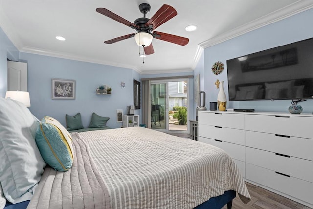 804 N The Strand Unit 11, Oceanside, CA 92054 - bedroom with ornamental molding, wood finished floors, recessed lighting, and a ceiling fan