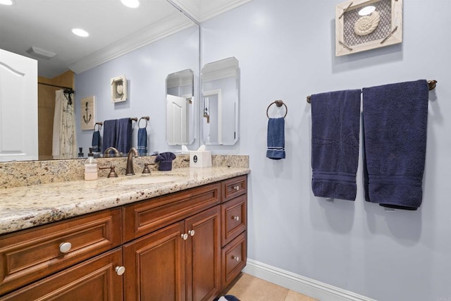 804 N The Strand Unit 11, Oceanside, CA 92054 - full bath featuring vanity, crown molding, tile patterned floors, and recessed lighting