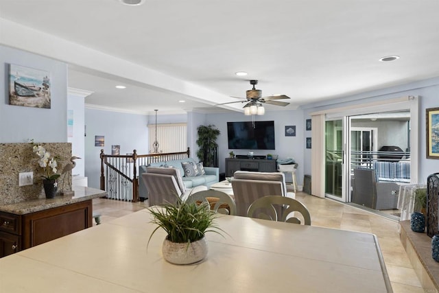 804 N The Strand Unit 11, Oceanside, CA 92054 - dining room featuring a ceiling fan, ornamental molding, light tile patterned flooring, and recessed lighting