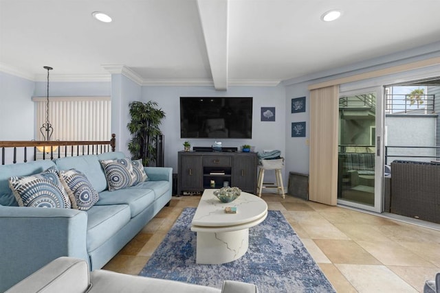 804 N The Strand Unit 11, Oceanside, CA 92054 - living area featuring crown molding, recessed lighting, and beam ceiling