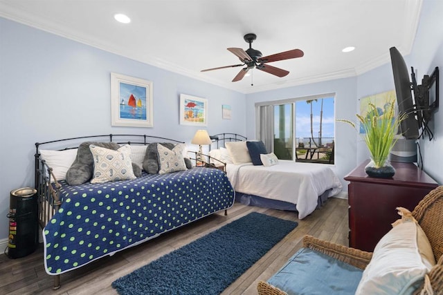 804 N The Strand Unit 11, Oceanside, CA 92054 - bedroom with crown molding, wood finished floors, recessed lighting, and ceiling fan