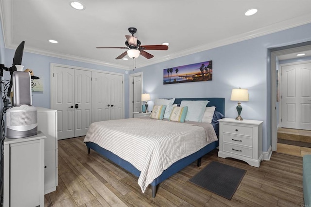 804 N The Strand Unit 11, Oceanside, CA 92054 - bedroom featuring wood finished floors, recessed lighting, crown molding, and ceiling fan