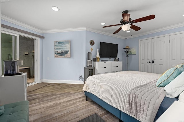 804 N The Strand Unit 11, Oceanside, CA 92054 - bedroom with wood finished floors, recessed lighting, ornamental molding, a ceiling fan, and multiple closets