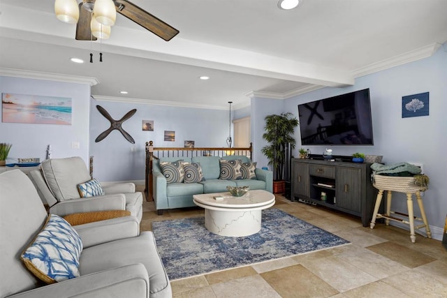 804 N The Strand Unit 11, Oceanside, CA 92054 - living area with a ceiling fan, recessed lighting, and ornamental molding
