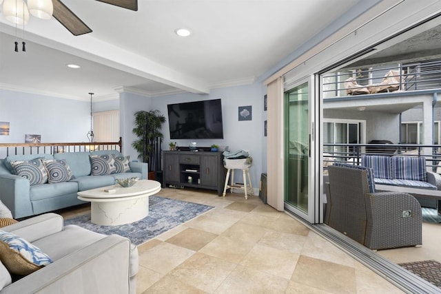 804 N The Strand Unit 11, Oceanside, CA 92054 - living room featuring a ceiling fan, recessed lighting, beam ceiling, and ornamental molding